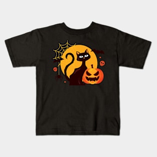 Black Cats Moon Pumpkin Funny Kids T-Shirt